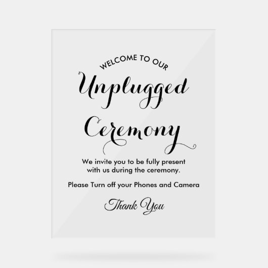 Unplugged Ceremony Black White Wedding Acryl Bord (Voorkant)