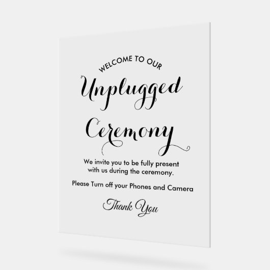 Unplugged Ceremony Black White Wedding Acryl Bord (Hoek)