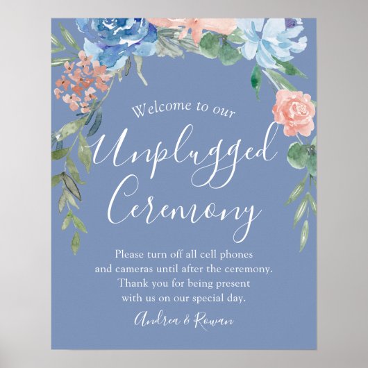Unplugged Ceremony Dusty Blue en Pink Wedding Poster (Voorkant)