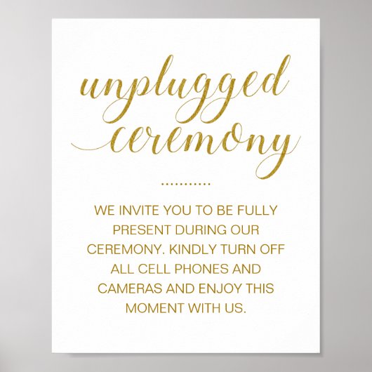 Unplugged Ceremony Elegant Gold Script Wedding Poster (Voorkant)