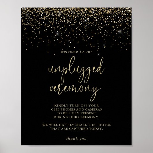 Unplugged Ceremony Gold Confetti Script Sign Poster (Voorkant)