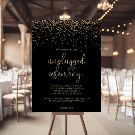 Unplugged Ceremony Gold Confetti Script Sign Poster