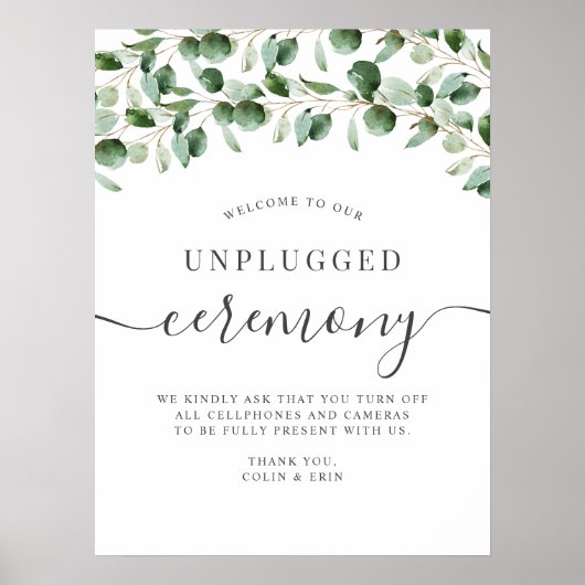 Unplugged Ceremony Greenery Eucalyptus Wedding Poster (Voorkant)