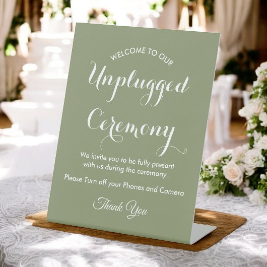 Unplugged Ceremony Sage Green White Wedding Reclamebord Met Voetstuk