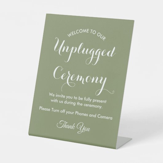 Unplugged Ceremony Sage Green White Wedding Reclamebord Met Voetstuk (Voorkant)