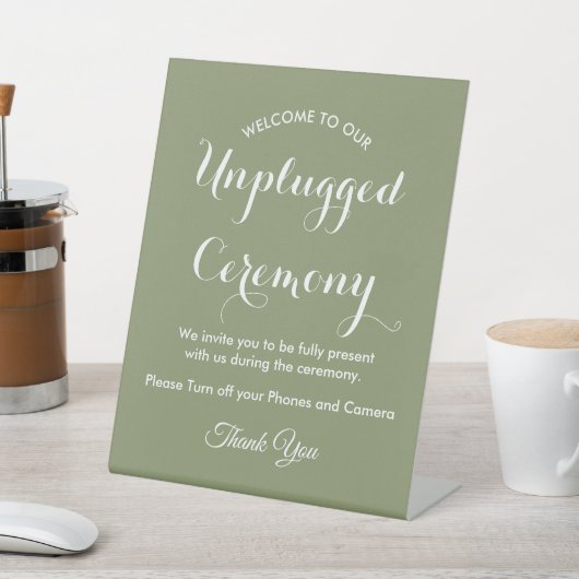 Unplugged Ceremony Sage Green White Wedding Reclamebord Met Voetstuk (Insitu)
