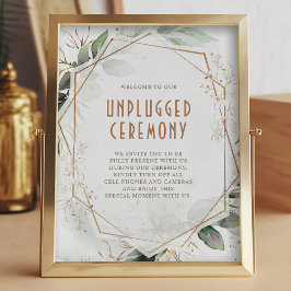 Unplugged Ceremony Sign Green & Gold Geometric Poster
