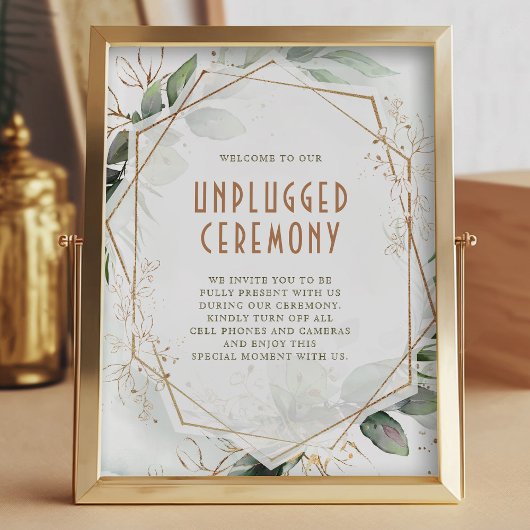 Unplugged Ceremony Sign Green & Gold Geometric Poster