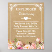 Unplugged Ceremony Wedding Sign Floral Kraft Poster (Voorkant)