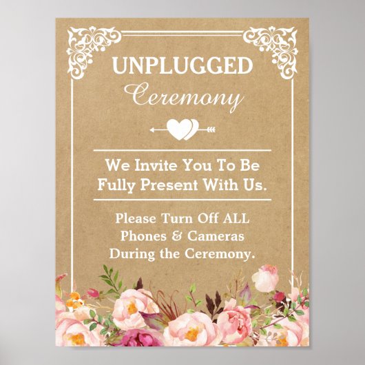 Unplugged Ceremony Wedding Sign Floral Kraft Poster (Voorkant)