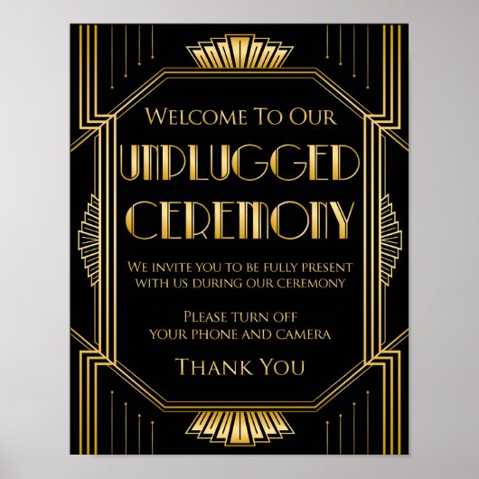 Unplugged Ceremony Wedding Sign | Gatsby Art Deco Poster (Voorkant)