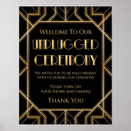 Unplugged Ceremony Wedding Sign | Gatsby Art Deco Poster (Voorkant)