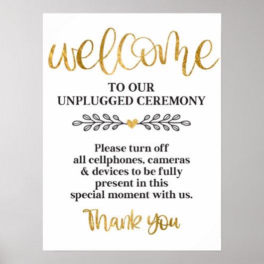 Unplugged Ceremony White Gold Calligraphy Wedding Poster (Voorkant)