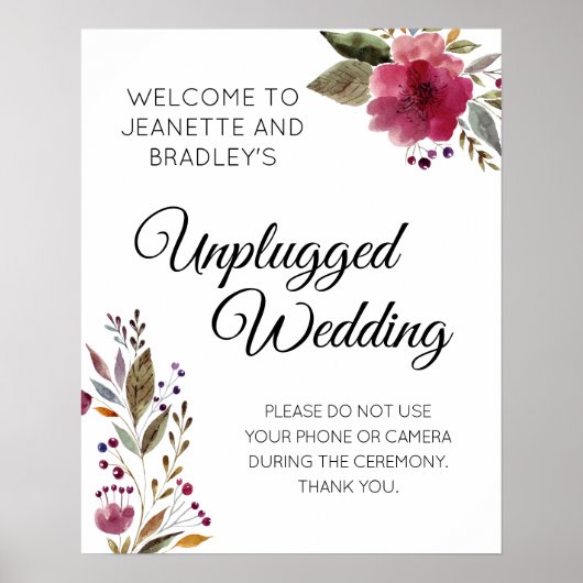 Unplugged Wedding Burgundy Floral Wedding Sign Poster (Voorkant)