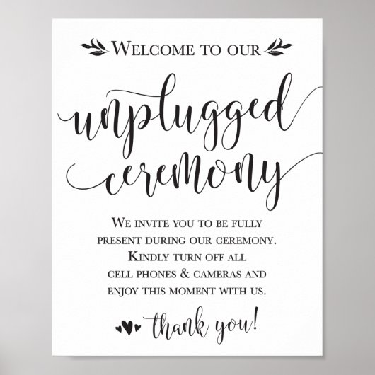 Unplugged Wedding Ceremony Sign 8x10 Poster (Voorkant)