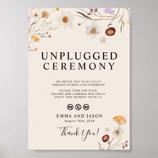 Unplugged Wedding Ceremony Sign Boho Wildflower Poster (Voorkant)