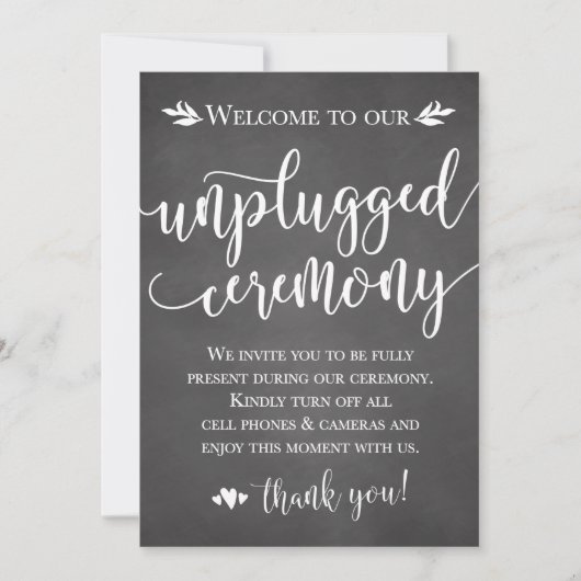 Unplugged Wedding Ceremony Sign Kaart 5x7 (Voorkant)