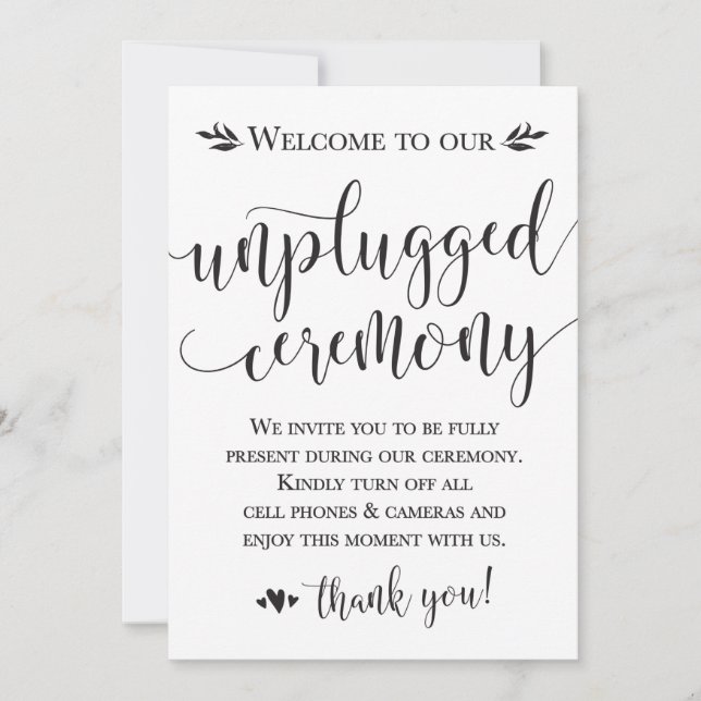 Unplugged Wedding Ceremony Sign Kaart 5x7 (Voorkant)