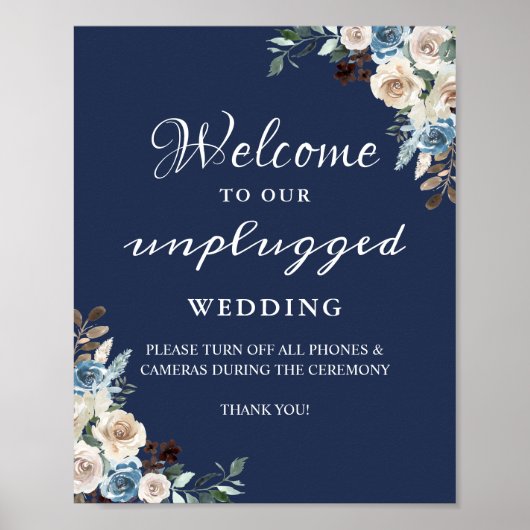 Unplugged Wedding Ceremony Sign Navy Blue Floral Poster (Voorkant)