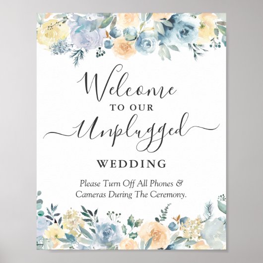 Unplugged Wedding Ceremony Sign Peach Blue Floral Poster (Voorkant)