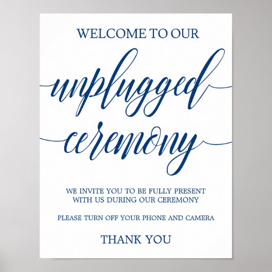 Unplugged Wedding Sign Navy Blue Calligrafie Poster (Voorkant)
