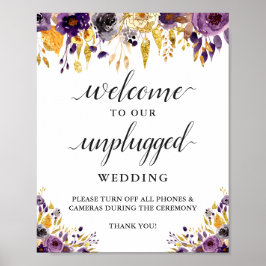 Unplugging Wedding Ceremony Sign Paars Gold Floral Poster