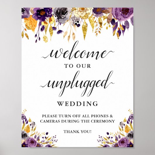 Unplugging Wedding Ceremony Sign Paars Gold Floral Poster (Voorkant)