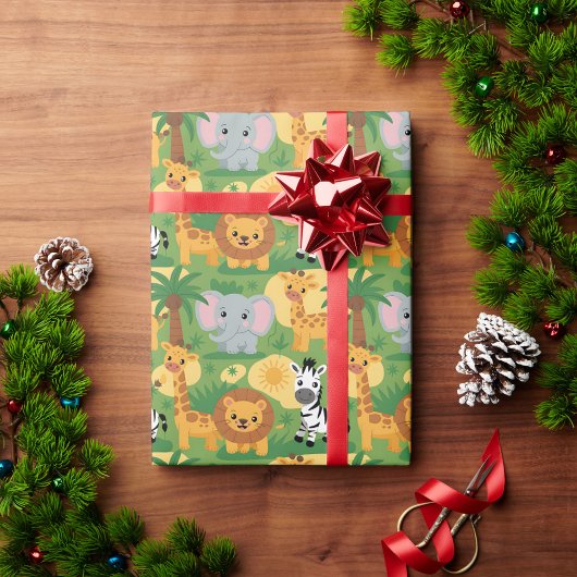 Unrolled gift wrap with a playful jungle theme  cadeaupapier