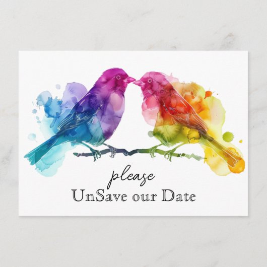 UnSave onze datum LGBTQ+ Regenboog Lovebirds Informatiekaartje (Voorkant)
