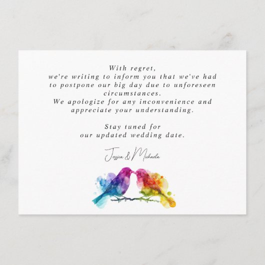 UnSave onze datum LGBTQ+ Regenboog Lovebirds Informatiekaartje (Achterkant)