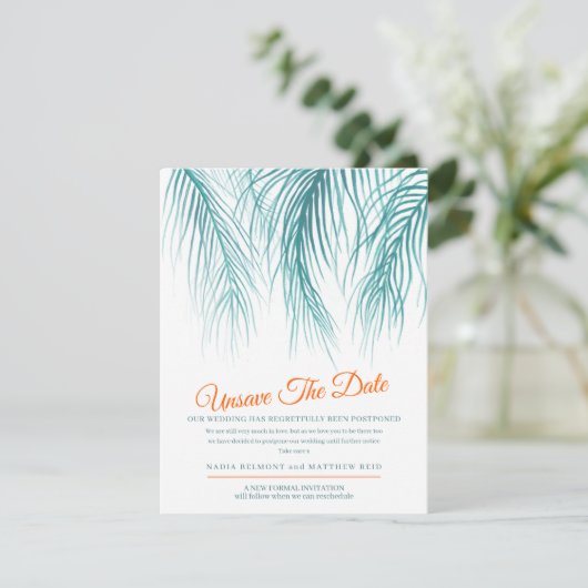 Unsave the date bruiloft change of plan blue palm save the date (Staand voorkant)