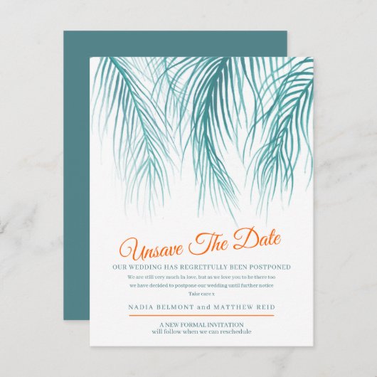 Unsave the date bruiloft change of plan blue palm save the date (Voorkant / Achterkant)