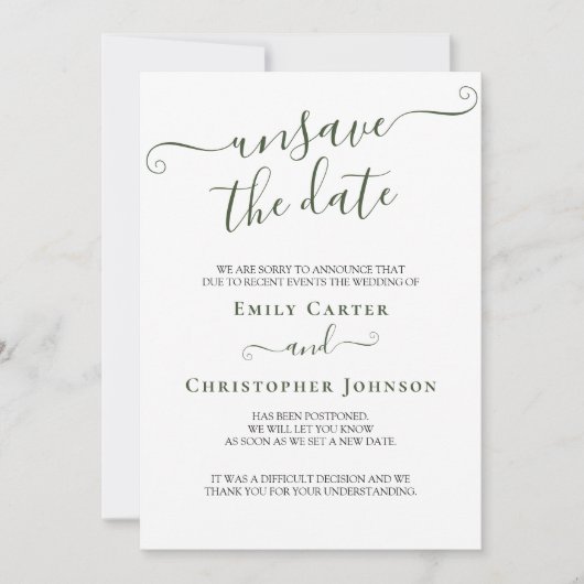 Unsave the Date Elegant Green Wedding Update Card Save The Date (Voorkant)