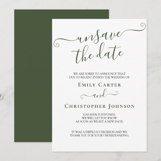 Unsave the Date Elegant Green Wedding Update Card Save The Date (Voorkant / Achterkant)