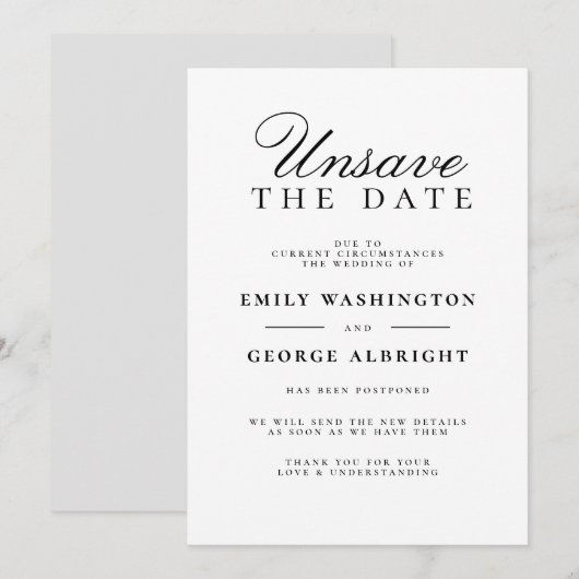 Unsave the Date Elegant Wedding Postponed Kaart (Voorkant / Achterkant)