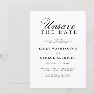Unsave the Date Elegant Wedding Postponed Kaart