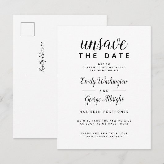 Unsave the Date Elegant Wedding Postponed Uitnodiging Briefkaart (Voorkant / Achterkant)