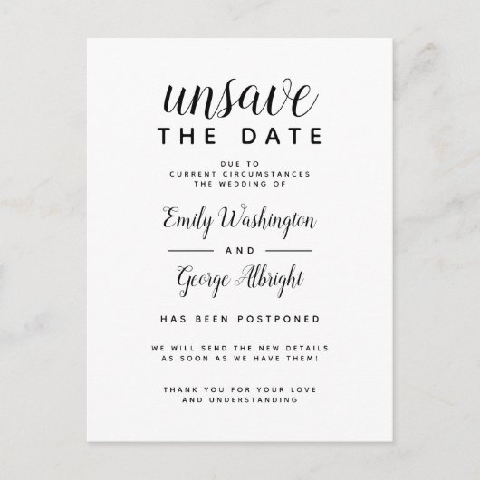 Unsave the Date Elegant Wedding Postponed Uitnodiging Briefkaart (Voorkant)