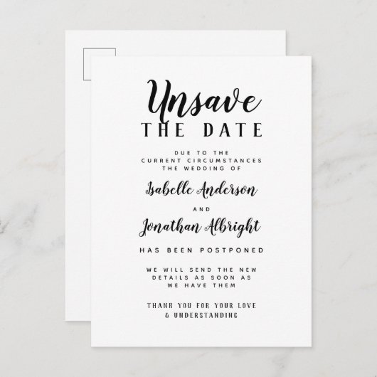 Unsave the Date Elegant Wedding Postponement Uitnodiging Briefkaart (Voorkant / Achterkant)