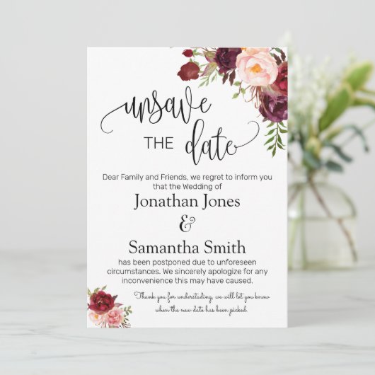 Unsave the date of datumbruiloft change marsala in kaart (Staand voorkant)