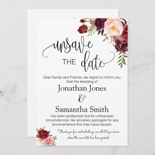 Unsave the date of datumbruiloft change marsala in kaart (Voorkant / Achterkant)