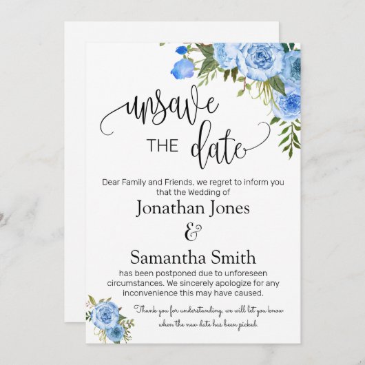 Unsave the date of datums bruiloft change blue flo kaart (Voorkant / Achterkant)