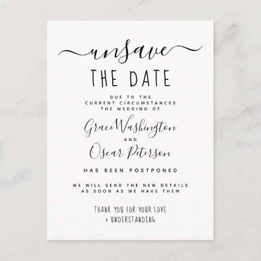 Unsave the Date Stylish New Date Notice Uitnodiging Briefkaart (Voorkant)
