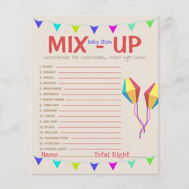 Unscramble Mix-Up Baby items Party Game Kaart (Voorkant)