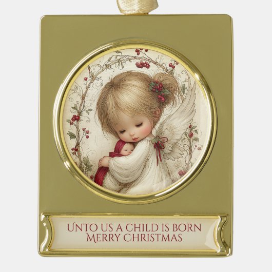 Unto Us a Child Is Born – Angelic Christmas Verguld Banner Ornament (Voorkant)