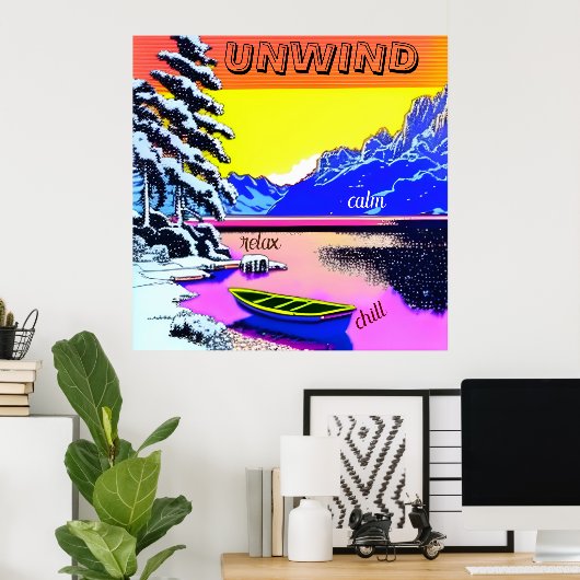 UNWIND - sneeuwbergen een meerboot. bewerkbaar Poster (Thuiskantoor)