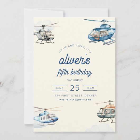 Up and Away Helikopter Vlucht Verjaardag Uitnodige Kaart (Voorkant)
