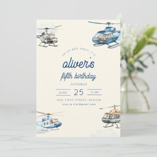 Up and Away Helikopter Vlucht Verjaardag Uitnodige Kaart (Staand voorkant)