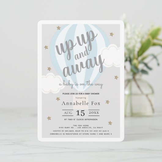 Up and Away Hete Luchtballon Blauw Baby shower Kaart (Staand voorkant)