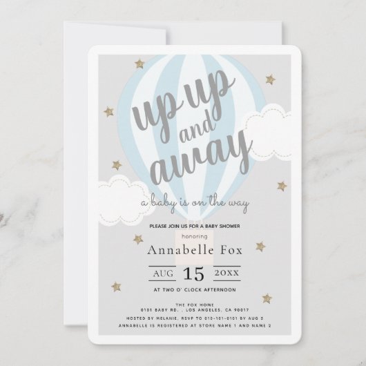 Up and Away Hete Luchtballon Blauw Baby shower Kaart (Voorkant)